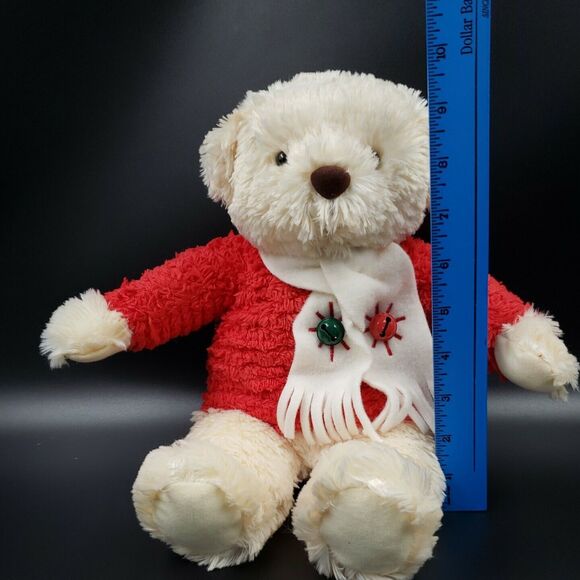 Musical Hallmark Christmas Plush Decor Teddy Bear Plays Jingle Bells Red Cream - Picture 8 of 16